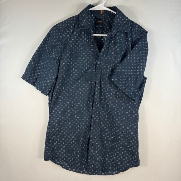 Hugo Boss Other - Hugo Boss Mens Navy Blue Geometric Circle Print Short Sleeve Button Down Shirt S